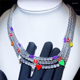 Choker Bling CZ Stone Tennis Chain Heart Enamel Lip Charm Necklace For Men Women Hip Hop Jewellery Gift