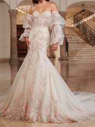 Fantaisie Sirène Robes De Mariée Chérie Detacble Manches Court Train Robes De Mariée Blush Applique Brodée Avec Des Perles