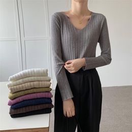Women's Sweaters Knitted Sweater 2023 Autumn And Winter V-neck Long-Sleeved T-shirt Korean-Style Thin Inner Match Low-Necked Underwear