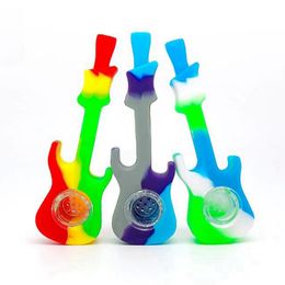 Latest Mini Guitar Style Cool Colourful Silicone Pipes Dry Herb Tobacco Thick Glass Metal Philtre Bowl Portable Handpipes Cigarette Holder Hand Smoking Tube