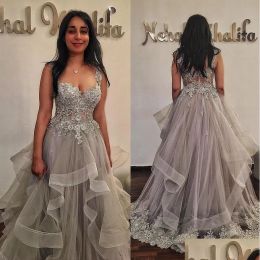 Sier Grey Prom Dresses Lace Applique Straps Beaded Tiered Tulle Custom Made Ruched Evening Party Gowns Vestidos Formal Ocn Wear Plus Size