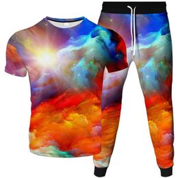 Men's Tracksuits Sports Suit T-Shirt Jogging Long Pants 2Pc Sets Tracksuit Colourful Line Smoke Paint Cloud Print Homme Fashion Clo