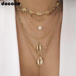 Pendant Necklaces Beach Boho Gold Colour Shell Pearl Conch Beads Necklace For Women Punk Chain Multistorey Jewellery C19208