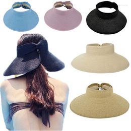 Wide Brim Hats Summer Empty Top Bow Straw Women Foldable Big Beach Cap Portable Anti UV Sunshade Hat Elegant Lady Sun Visor Caps Eger22