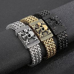 Link Bracelets Chain 17mm Stainless Steel Mesh Skull Charm Bracelet Men Vintage Punk Fashion Wristband JewelryLink