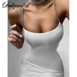 Casual Dresses Dulzura chain diamond women mini dress bodycon sexy elegant stap sundress solid 2020 summer clothes party streetwear club outfit T230210