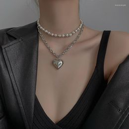 Choker Minar Hip Hop Rock Freshwater Pearl Necklace For Women Double Layers Silver Color Stainless Steel Heart Pendant Necklaces