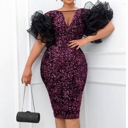 Party Dresses Summer Velvet Package Hip Skirt Fashion Sequins O Neck Mesh Stitching Puff Sleeves Women Plus Size African Club Dress