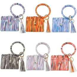 UPS Shiny PU Leather Card Bag Keychains Party Bracelet Keychain Wallet With Tassels String Bangle Key Ring Holder Wristlet Handbag Lady Fashion Wholesale