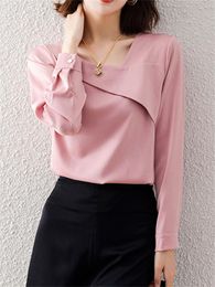 Women's T Shirts Fashion Solid Colour Spring Autumn Skew Collar Loose T-shirts Patchwork Casual Long Sleeve Comfortable Wild Cloth