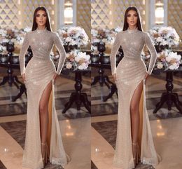 Goegeous Dubai Plus Size Mermaid Wedding Dresses for Brides Sequined Draped Pleats High Neck High Side Split Floor Length Bridal Gowns vestidos de novia Custom