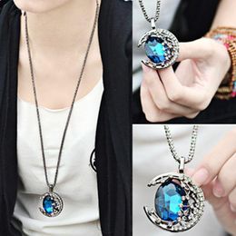 Pendant Necklaces Women's Gem Moon Long Necklace Crystal Retro Sweater Chain