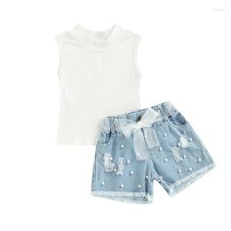 Clothing Sets Kids Baby Girls Summer Clothes Solid Color Sleeveless Tops And Casual Pearl Ripped Denim Shorts With Belt Set