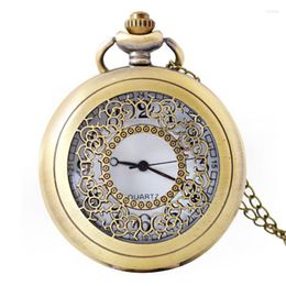 Pocket Watches Vintage Bronze Hollow Wreath Quartz Watch & Fob Chain Men Women Clock Relogio De Bolso Gifts
