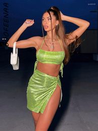 Work Dresses BOOFEENAA Green Slit Mini Skirt Suit Two Piece Set Rave Festival Club Wear Birthday Outfits Sexy Summer Matching Sets C16-BG12