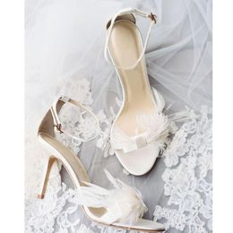 Sandals Handmade Women White Leather Fashion Bridal Summer Wedding Shoes 10cm Thin High Heels Feather Chaussure Femmes Stilettos