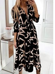 Casual Dresses 2023 Autumn Elegant Shirt Dress Women Button Long Sleeve Tunic Midi Ladies Office V Neck Print Party For