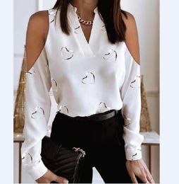 Women's Blouses Shirts V Neck Chic Elegant Hollow Out Tee Commute Lady Office Blouse Sexy Long Sleeve Pattern Printed Women Tops 230211