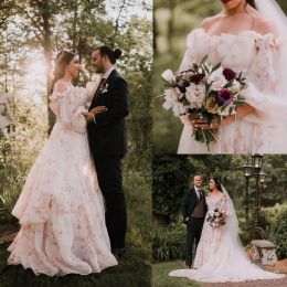 Wedding Floral 2023 Gorgeous Dresses Bridal Gown Tulle Off the Shoulder Ruched Pleats Sweep Train Long Sleeves Beach Country Custom Plus Size Vestido De Novia