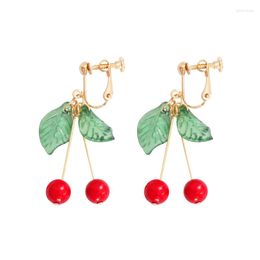 Backs Earrings Japanese Acrylic Green Leaf Red Beads Fruit No Hole Resin Cherry Clip Without Piercing For Women Girls