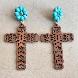 Dangle Earrings Laser Cut Wooden Filigree Cross With Turquoise Blooming Flower Top 2023 Jewellery Wholesale