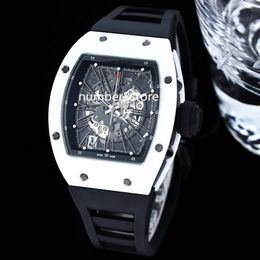Luxury 010 White Ceramic Automatic Mens Watch Skeleton Watches Black Dial Sapphire Crystal Water Resistance Black Rubber Strap 6 Colours