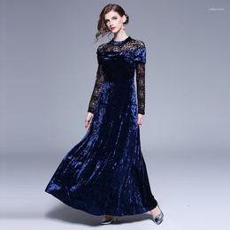 Casual Dresses High Quality Fashion Designer Runway Maxi 2023 Autumn Women's Long Sleeve O-Neck Lace Patchwork Velvet Party Dress