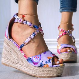 Sandals Plus Size 43 For DropShip Purple Flower Printed Summer Wedges Platform High Heels Shoes Women