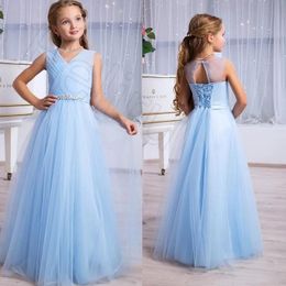 Girl Dresses Girl's Little V Neck Flower Girls For Special Banquet 2023 Pleats Beaded Sash Lace Up Back First Communion Toddler Party Gowns