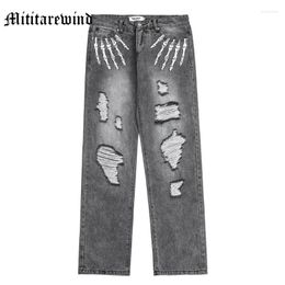 Men's Jeans Four Seasons Distressed Ripped High Street Wash Men Pants Skeleton Hand Embroidery Vibe Hip Hop Couple Straight Trousers