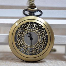 Pocket Watches Retro Antique Bronze Small Flower Floral Hollow Quartz Watch Analogue Pendant Necklace Mens Womens Gift Reloj Montre