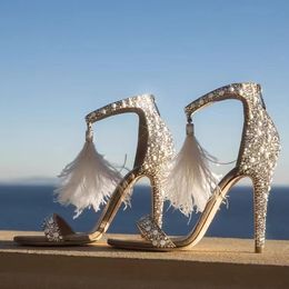 Feather Sandals Rhinestone Tassel Fringe Women Crystal Gladiators Summer Wedding Bridal Shoes