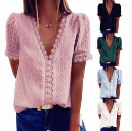 Women's Blouses Women Summer Ruffles Lace Crochet Tops Tees Plus Sizes Sexy V Neck Short Sleeve Bow Shirt Casual Femme Blouse Shirts Boho