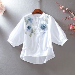 Women's Blouses Embroidery Flower White Women Shirts Summer Design 2023 V-Neck Half Sleeved Elegant Female Outwear Tops