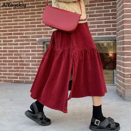 Skirts Corduroy Women Autumn Retro Asymmetrical Pleated Side-slit Solid All-match Classic Plus Size Females Streetwear Gentle
