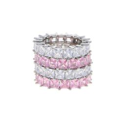 Cluster Rings Hip Hop Bling White Pink Baguette CZ Eternity Band Jewellery For Women Full Cubic Zirconia Paved Stacking Finger RingsCluster