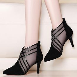 Sandals 2023 Women Hollow Out High Heel Women's Net Boots Breathable Mesh Toe Cap