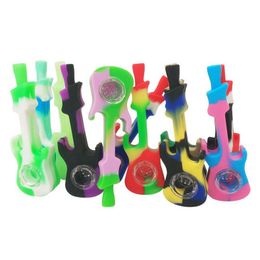 Mini Guitar Style Cool Colourful Silicone Pipes Dry Herb Tobacco Thick Glass Metal Philtre Bowl Portable Handpipes Cigarette Holder Hand Smoking Tube