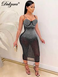 Casual Dresses Dulzura rhinestones patchwork women mesh strap prom midi dress bodycon sexy see through sexy party club festival 2022 y2k T230210