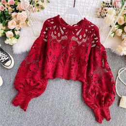 Women's Blouses QWEEK Sexy Lace Hollow Out Short Blouse Casual Lantern Long Sleeve Stand Collar Shirts Female Elegant Red/Pink/White Loose