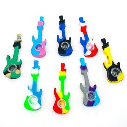 Mini Guitar Style Cool Colourful Silicone Pipes Dry Herb Tobacco Thick Glass Metal Philtre Bowl Portable Handpipes Cigarette Holder Hand Smoking Tube DHL