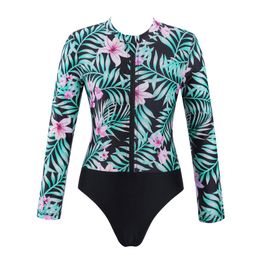 One Pieces Long Sleeves Swimwear For Kids Girls Mock Neck Printed Swimming Suit Children Spring Jumpsuit Beach Ransh Guard