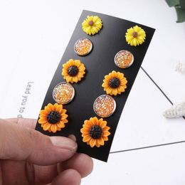 Stud Earrings 5pcs/Set Korean Trendy Girls Women Cute Vibrant Daisy Bright Resin Sunflower Glitter Faux Druzy Set