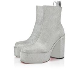 This boot is made of square toe with 120mm heel and waterproof platform sole silver glitter calfskin