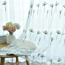 Curtain Blue Flower Embroidered Sheer For Living Room Bedroom Country Style Delicate Organza Mesh Fabric Gauze Wp435C