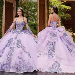 2023 Lilac Quinceanera Dresses Lace Applique Straps With Detachable Long Sleeves Tiered Floor Length Corset Back Sweet 16 Birthday Party Prom Ball Evening 401