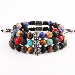 Strand Design Men Bracelet Stainless Steel Vintage Skull Charm Natural Stone Macrame Adjustable Bacelet Beaded Strands