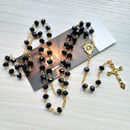 Pendant Necklaces Black Crystal Rosary Necklace Long Gold Jesus Cross Catholic Religious Prayer JewelryPendant