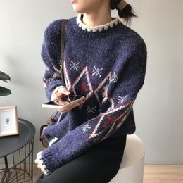 Women's Sweaters Women Vintage Long Sleeve Red Sweater Elegant Knitted Retro O-Neck Print Thicken Top Pullover Winter Warm LooseWomen's