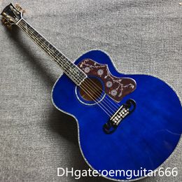 Factory Customised guitar, solid spruce top, ebony fingerboard, flame maple sides and back, 42 "blue high-quality Jumbo acoustic guitar